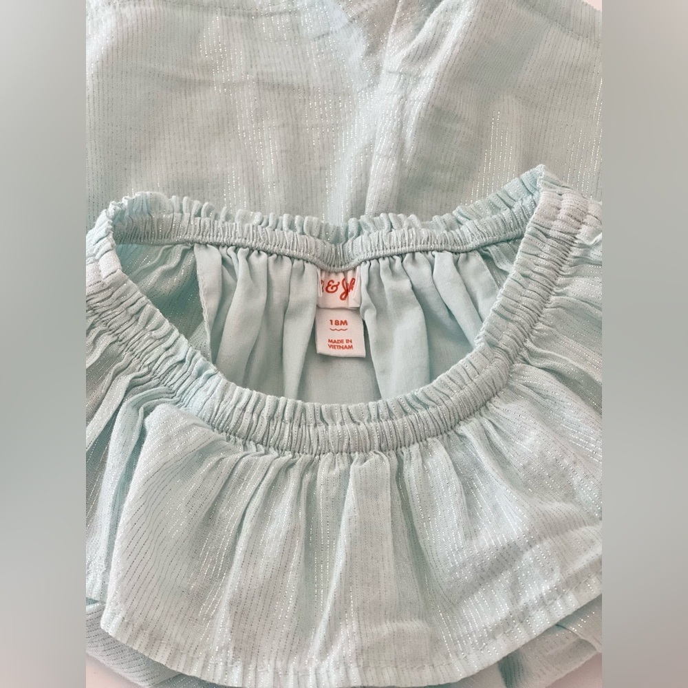 Cat & Jack Light Blue Ruffle Romper with Silver Threading | Baby Girl 18 Months - Picture 4 of 4
